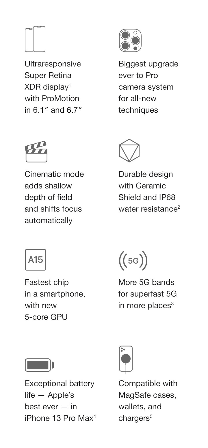 Ultraresponsive Super Retina XDR display1 with ProMotion in 6.1″ and 6.7″ Biggest upgrade ever to Pro camera system for all-new techniques Cinematic mode adds shallow depth of field and shifts focus automatically Durable design with Ceramic Shield and IP68 water resistance2 Fastest chip in a smartphone, with new 5-core GPU More 5G bands for superfast 5G in more places3 Exceptional battery life — Apple's best ever — in iPhone 13 Pro Max4 Compatible with MagSafe cases, wallets, and chargers5